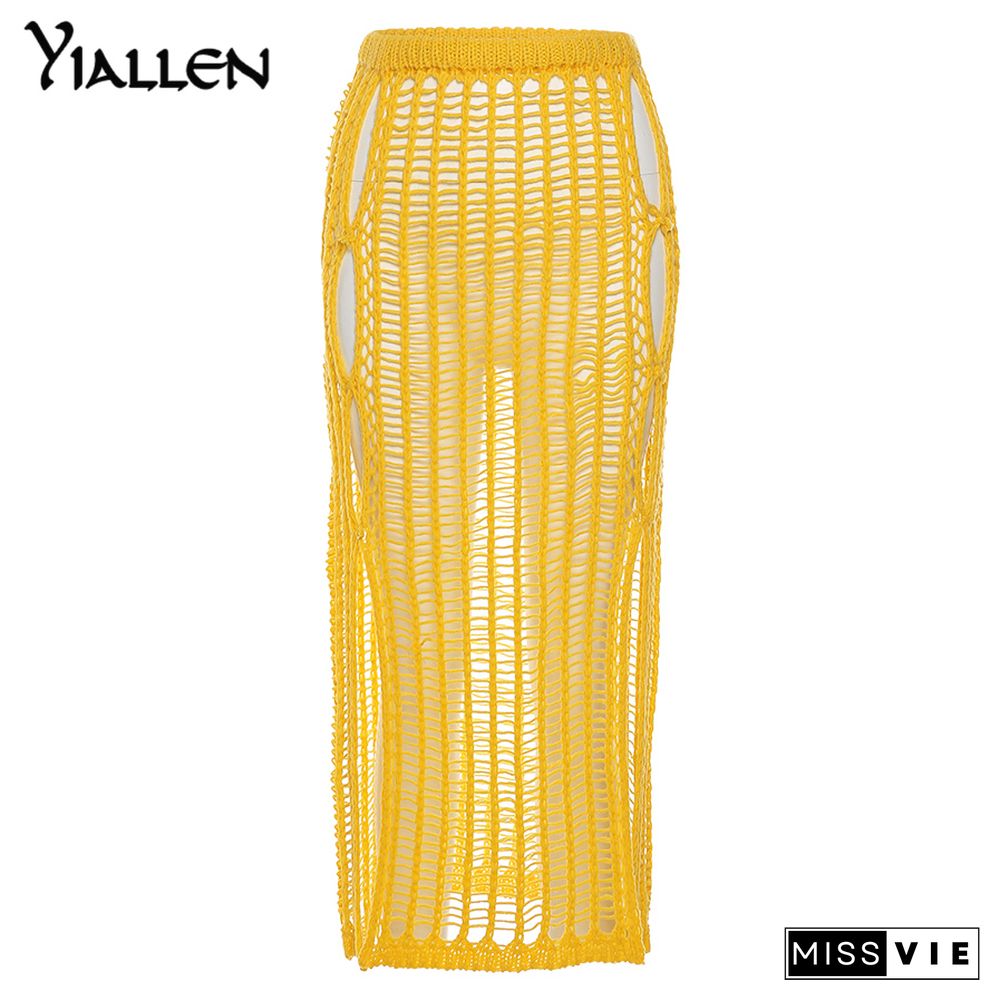 Yiallen Summer Yellow OpenworkWeaving Long Skirt New Women Sexy Chic Maxi Skirt Casual Streetwear Club Party Y2k Outfits