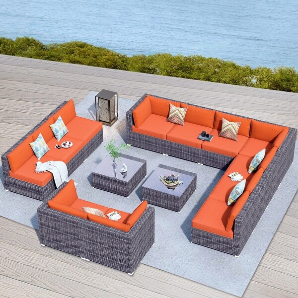 OVIOS 14piece Deep Seat Wicker Conversation Sectional Set with Glasstop Table