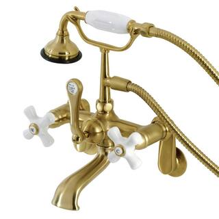 Kingston Brass Aqua Vintage 3-Handle Wall-Mount Clawfoot Tub Faucets with Hand Shower in Brushed Brass HAE59T7