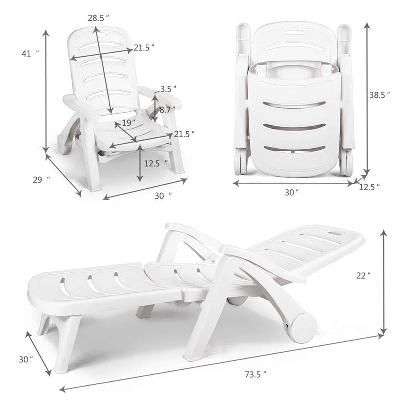 Rolling Folding Plastic Pool Lounge Chair with Armrests, 5-Position Outdoor Sun Lounger Patio Deck Chair Beach Chair