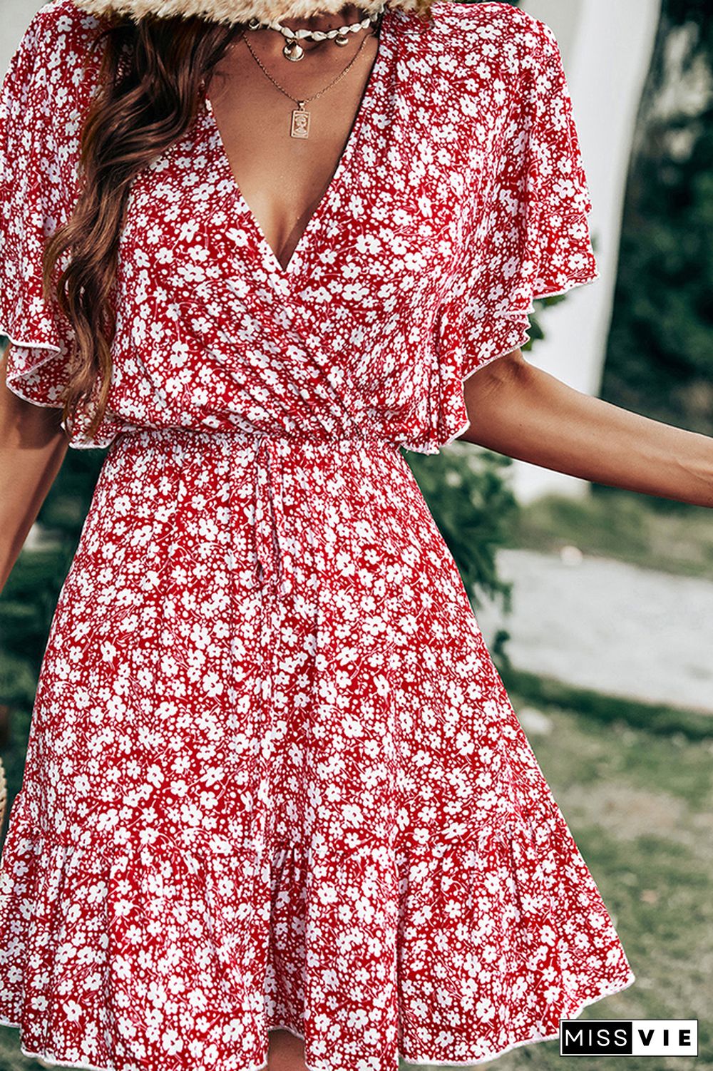 Red V Neck Floral Short Sleeve Dress Wholesale