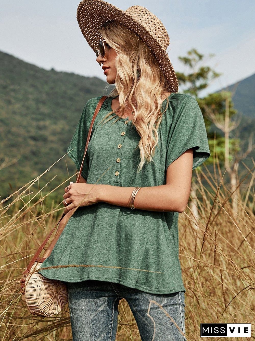 Half Button Front Flowy Tee