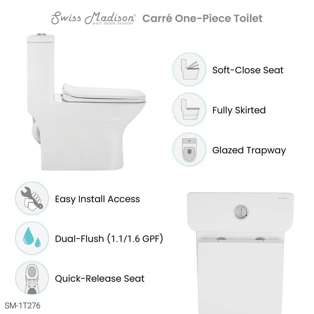 Swiss Madison Carre 10 in. 1-piece 1.11.6 GPF Dual Flush Square Toilet in Glossy White Seat Included SM-1T276