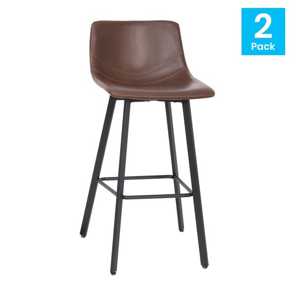 Caleb Modern Armless 30 Inch Bar Height Commercial Grade Barstools with Footrests in Chocolate Brown LeatherSoft and Black Matte Iron Frames， Set of 2