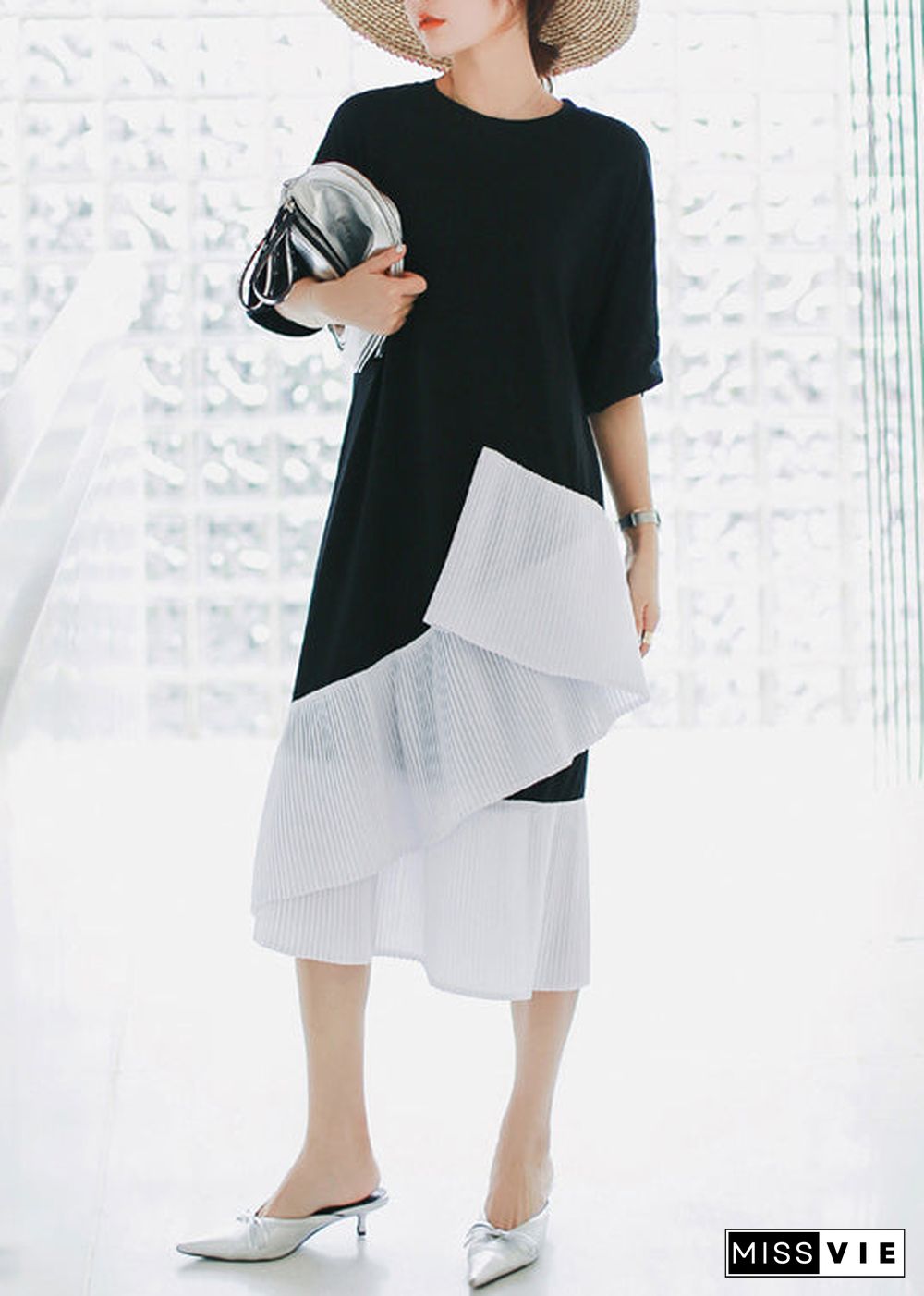 Natural black Cotton Long Shirts Sweets Photography patchwork asymmetric daily Summer Dress