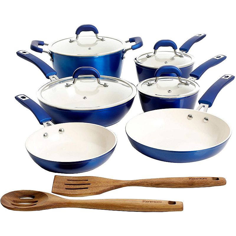 Kenmore Arlington 12 Piece Nonstick Ceramic Cookware and Accessory Set， Blue