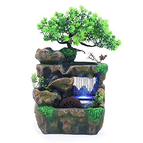 OUKANING Indoor Water Fountain Waterfall Rockery Ornament LED Light Tabletop Home Decor