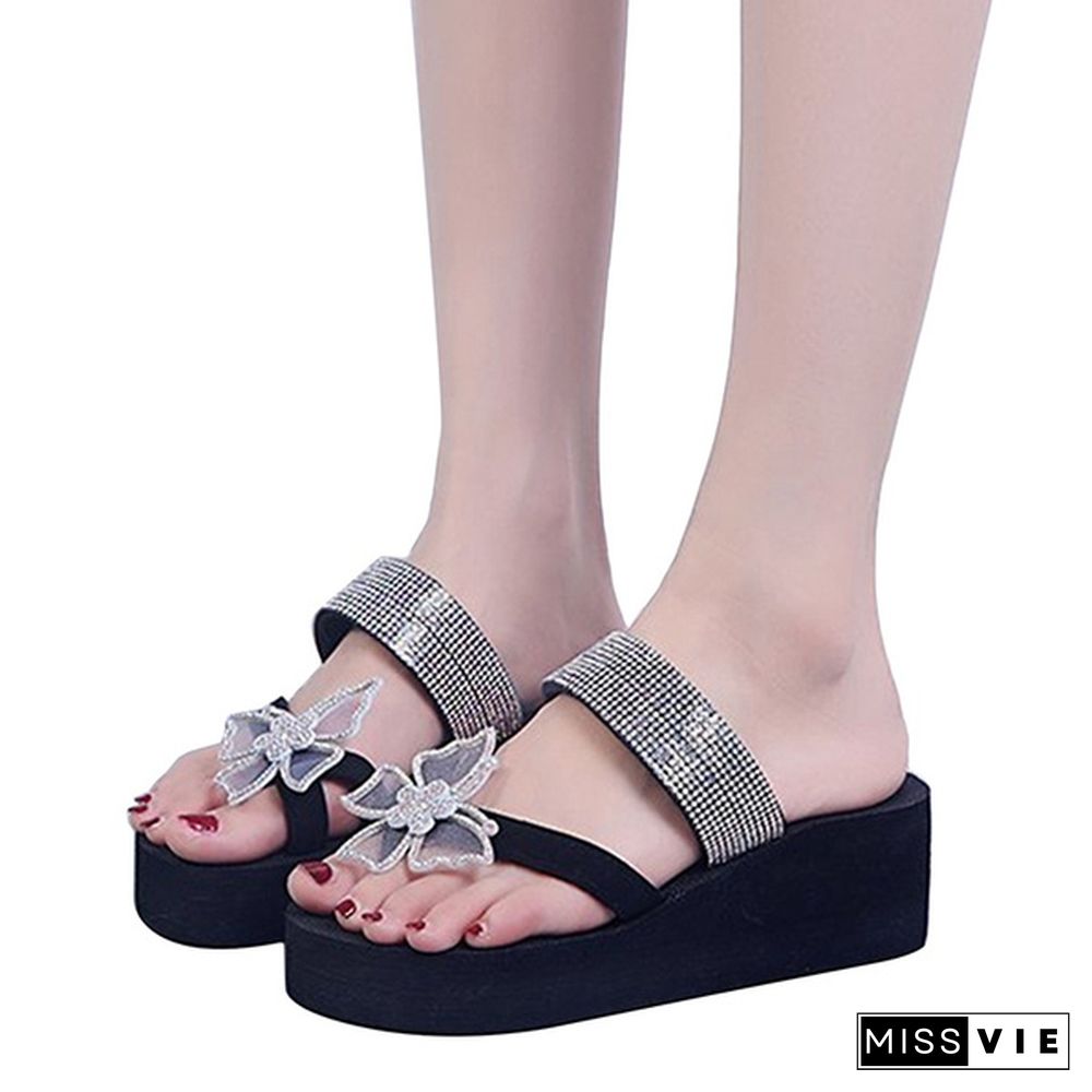 Summer Women Fashion Platform Slippers Rhinestone Diamond Casual Sandals Beach Flat Flip Flops Bling Bling Slippers Beach Sandals Plus Size 35-43