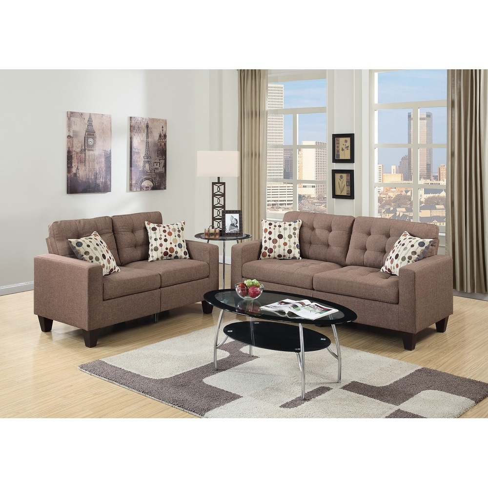 Modern Tufted Linen Like Fabric Sofa  2 Pieces Living Room Leisure Seating Sets with 4 Throw Pillows  for Living Room Bedroom