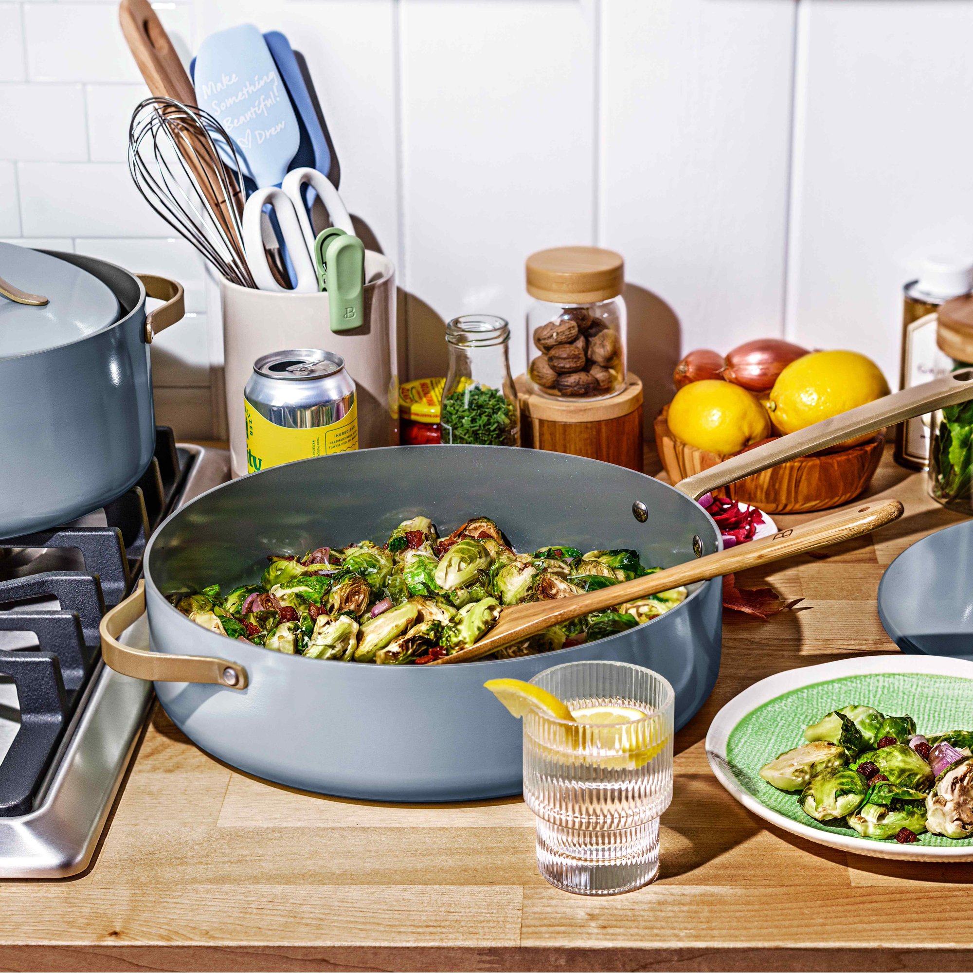 Beautiful 5.5 Quart Ceramic Non-Stick Saute Pan， Cornflower Blue by Drew Barrymore