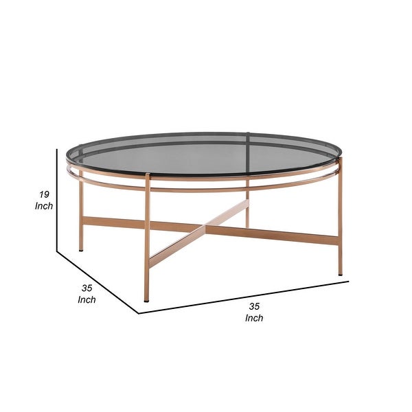 Cid 35 Inch Modern Coffee Table， Black Smoked Glass Top， Rose Gold Legs