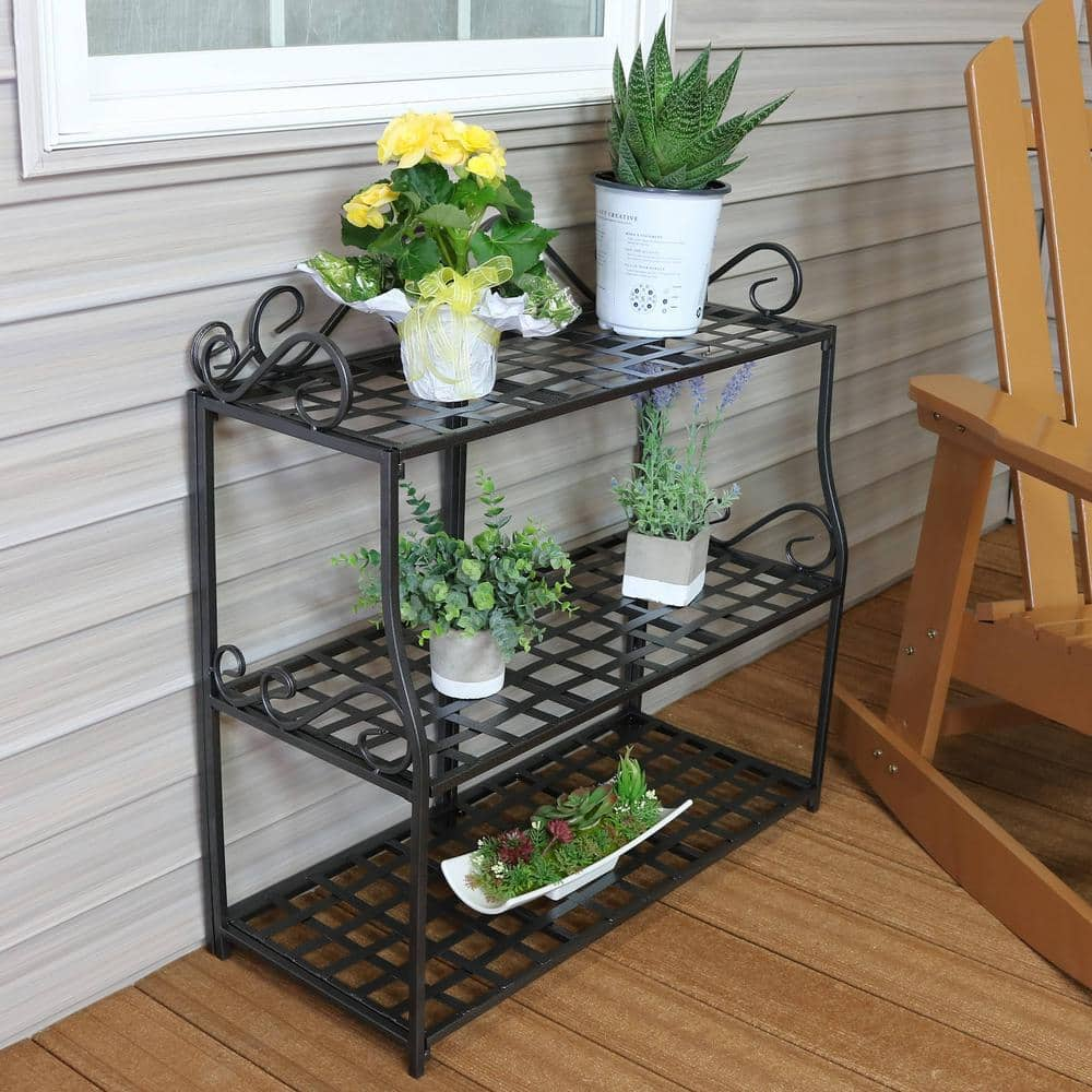 Sunnydaze 3-Tier Metal Iron Plant Stand with Scroll Edging HMI-757