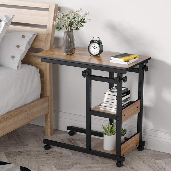 Height Adjustable C Table with Storage Shelves and Wheels， Mobile Sofa Side Table End Table Snack Table