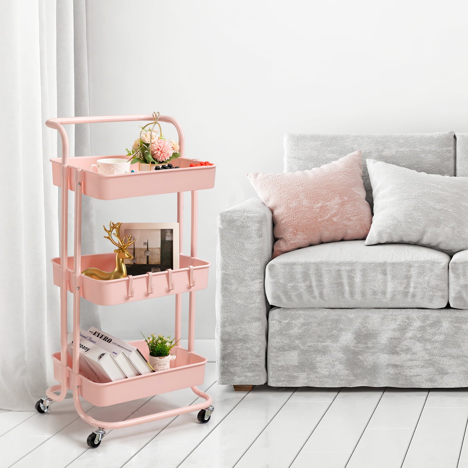 3-Tier Rolling Storage Organizer Cart with Handle and Lockable Wheels， Utility Trolly Cart for Kitchen， Sitting Room， Bathroom， Study， Pink