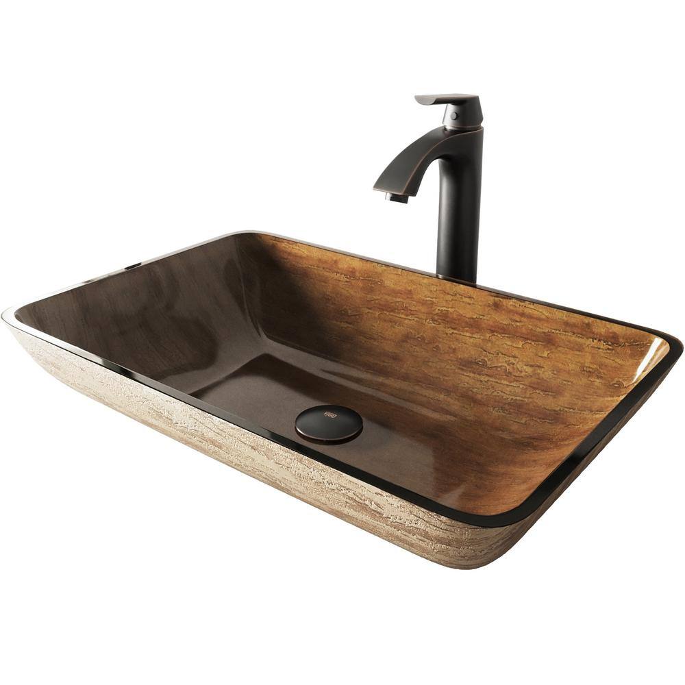 VIGO Glass Rectangular Vessel Bathroom Sink in Wooden Brown with Linus Faucet and Pop-Up Drain in Antique Rubbed Bronze VGT486