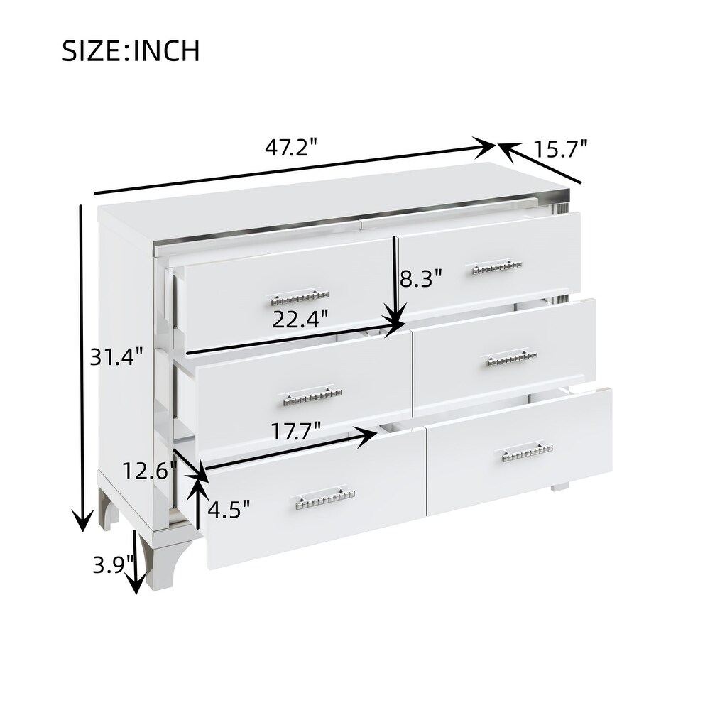 High Gloss Dresser with Metal Handle  Mirrored Storage Cabinet with 6 Drawers for Bedroom  Living Room