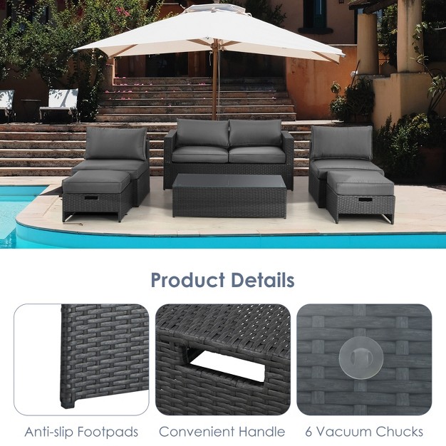 Tangkula 6pcs Patio Rattan Furniture Set Outdoor All Weather Wicker Conversation Set W cushioned Ottoman amp Coffee Table