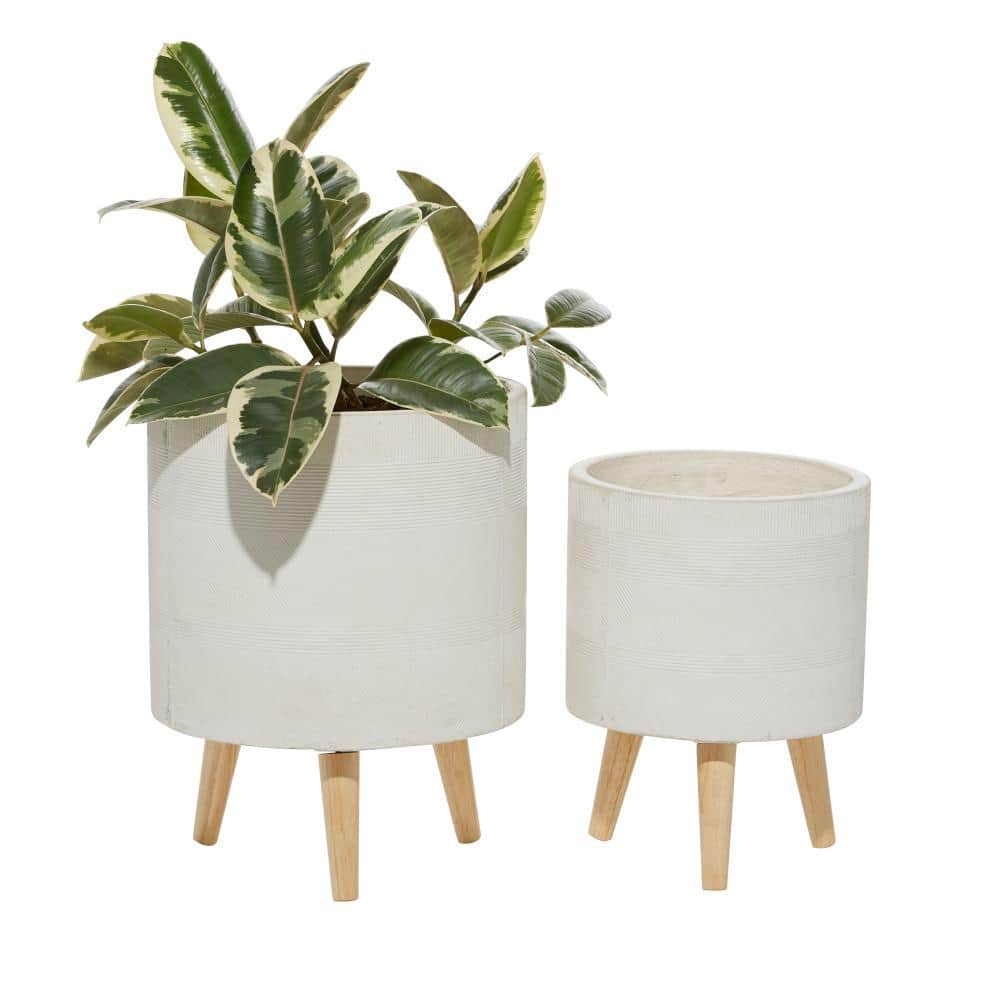 Litton Lane 16in. Medium White Ceramic Indoor Outdoor Planter with Wood Legs (2- Pack) 46492