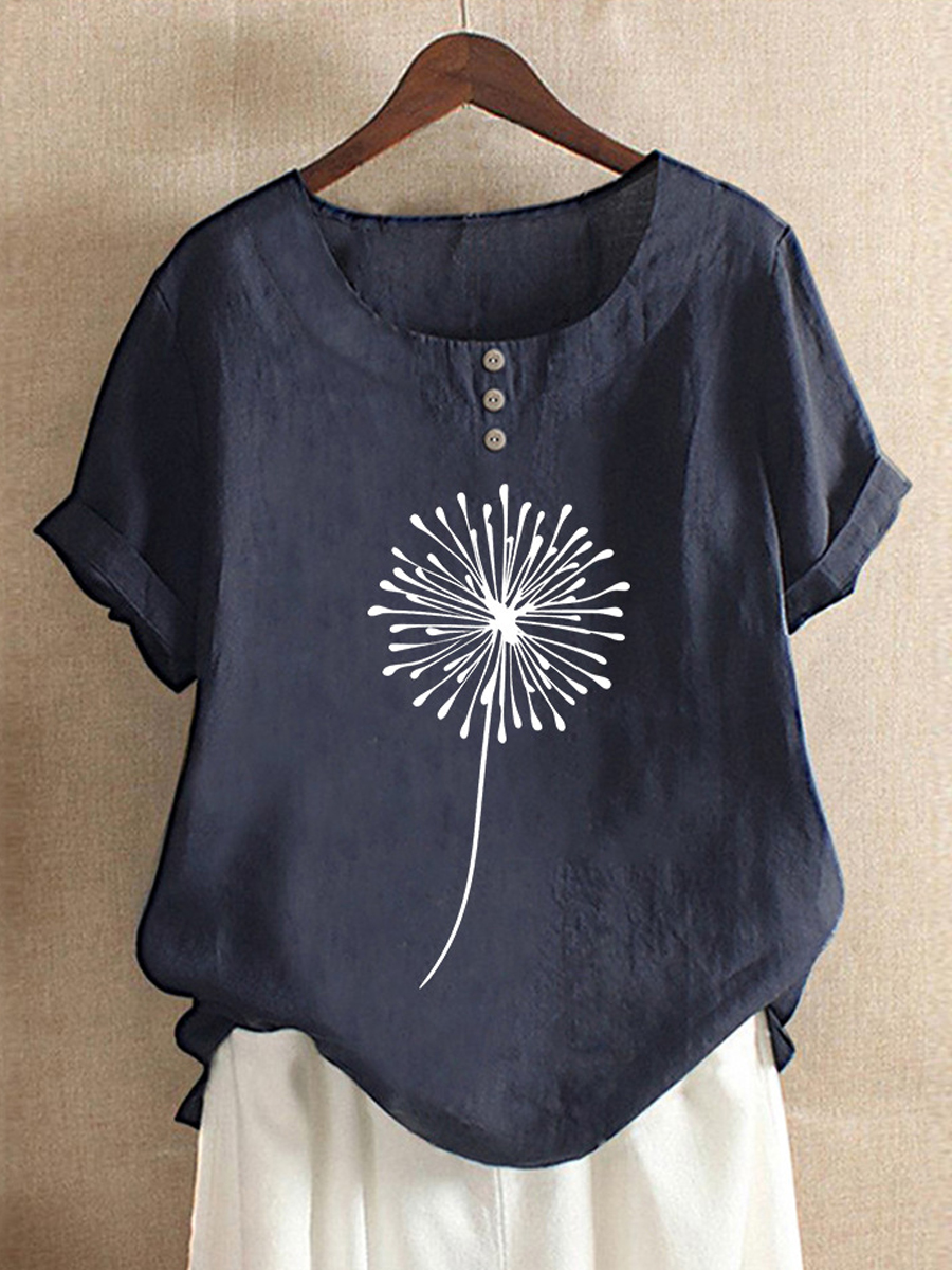 Casual Dandelion Print Button Crew Neck Short Sleeve Blouse