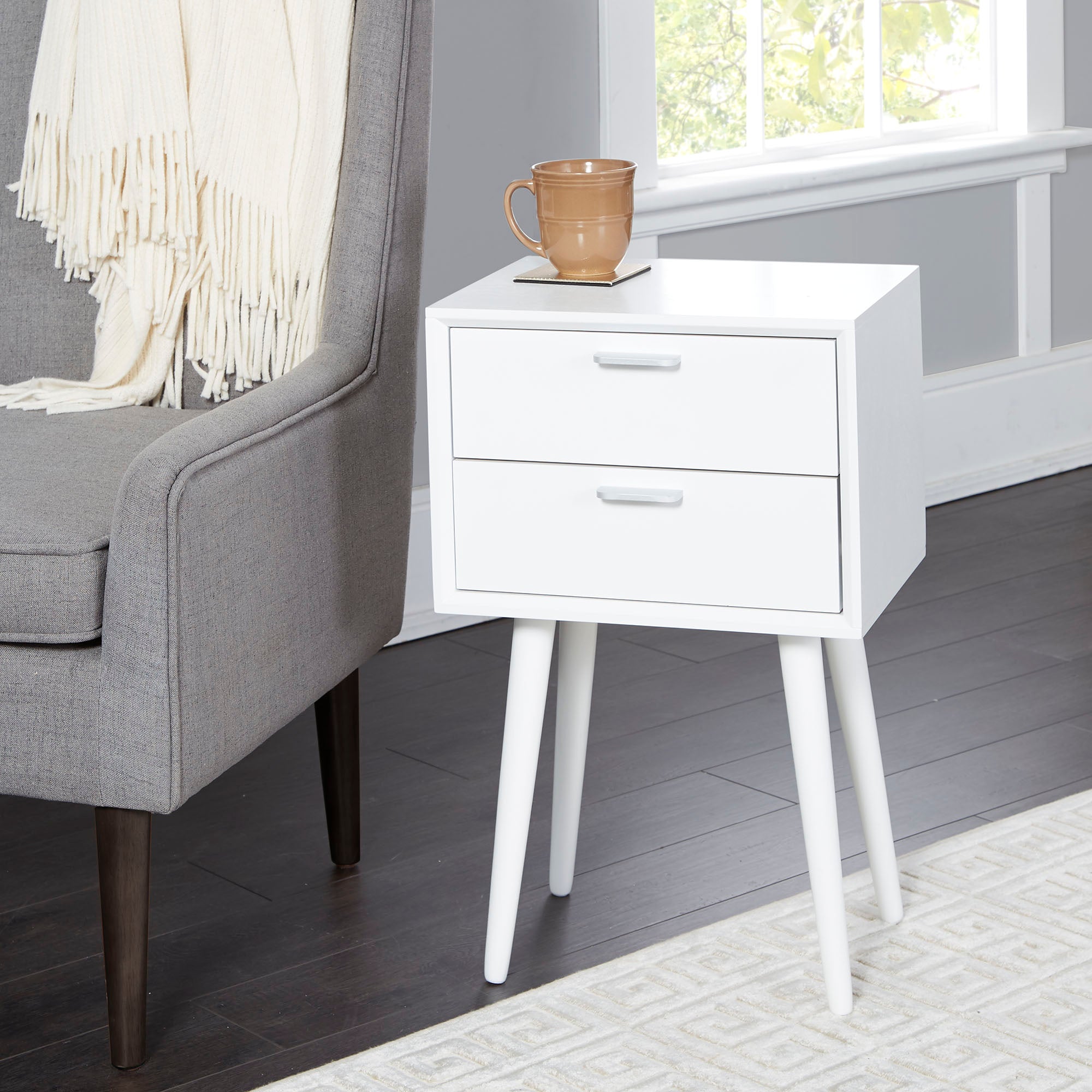 Olsen Mid Century Modern Two Drawer Side Table, White Finish