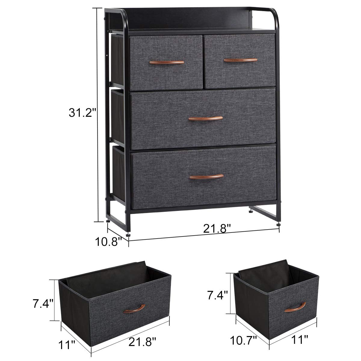 AVAWING Dresser for Bedroom with 4 Drawers,Fabric Dresser Tower for Closets,Bedroom, Hallway- Sturdy Steel Frame, Black Wooden Top(Grey)