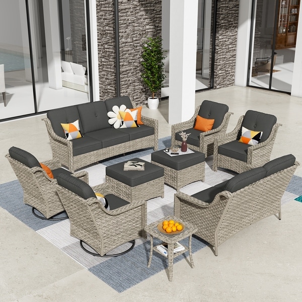 HOOOWOOO 9piece Patio Wicker Furniture Conversation Set with Swivel Chair and Loveseat Sofa