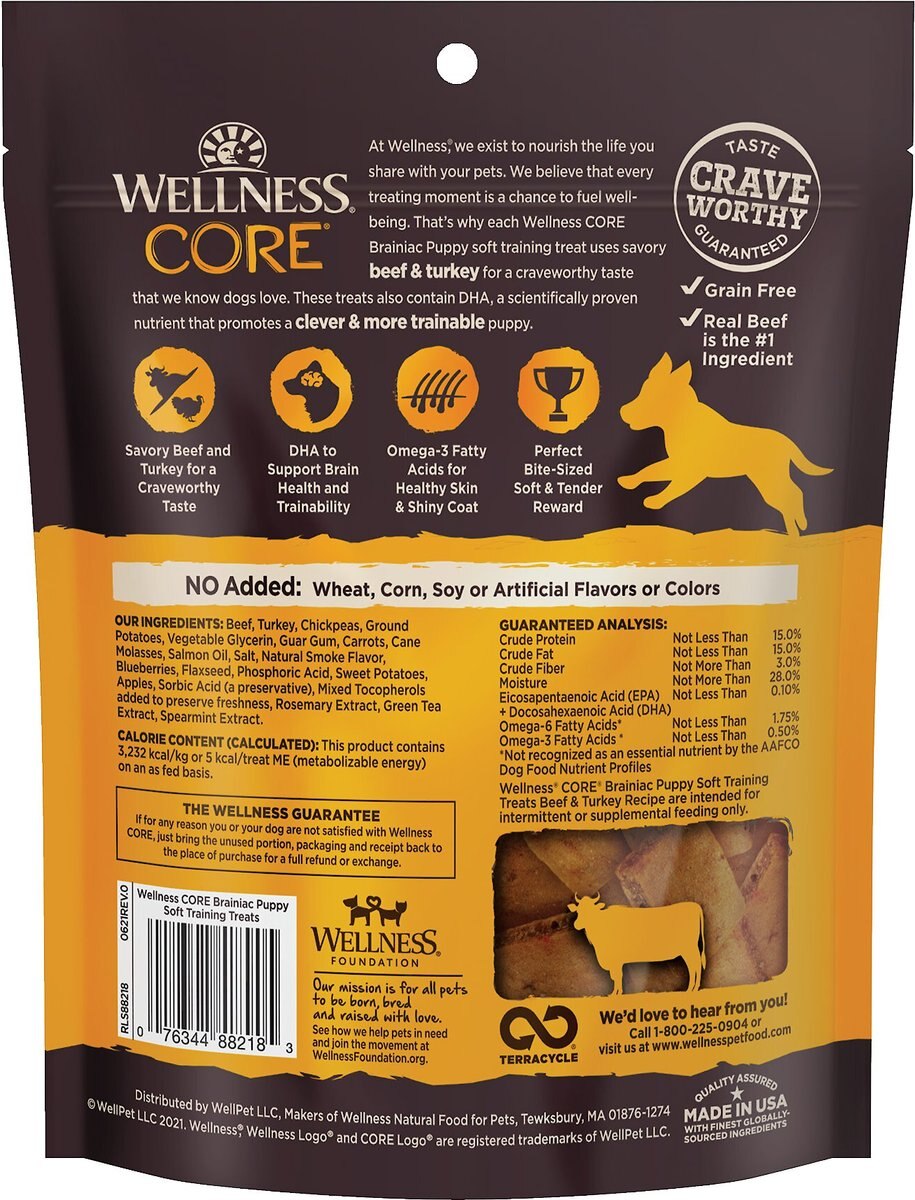 Wellness Brainiac Puppy Beef and Turkey Soft Training Dog Treats， 3-oz bag