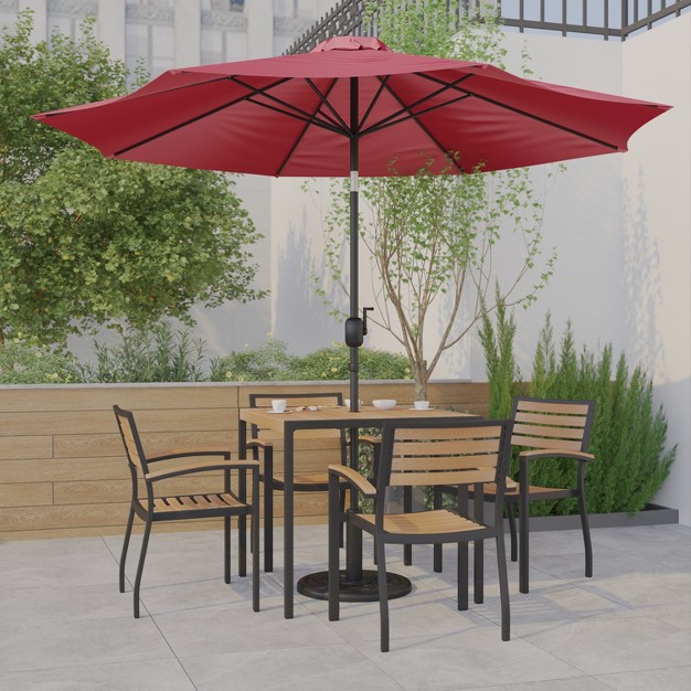 Emma And Oliver 7 Piece Patio Table Set 4 Synthetic Faux Teak Stackable Chairs Faux Teak Table Umbrella With Base