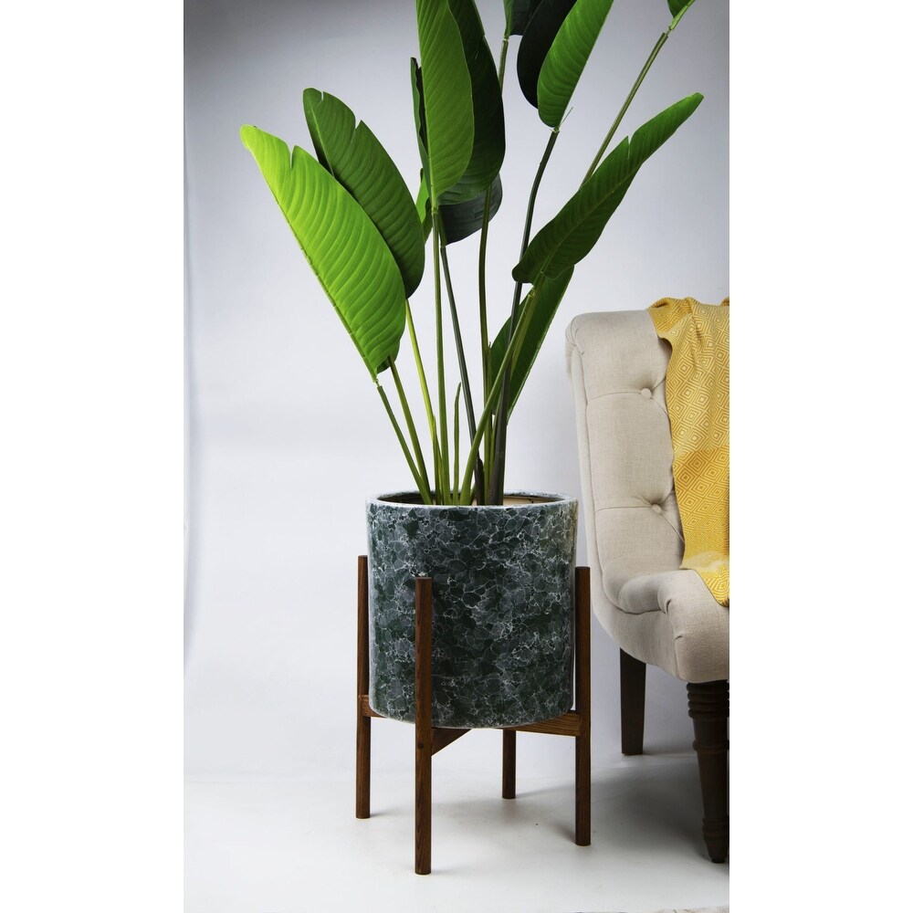 UPshining 13'' Extra Large Mid Century Modern Ceramic Planter Green Marble With Wood Stands