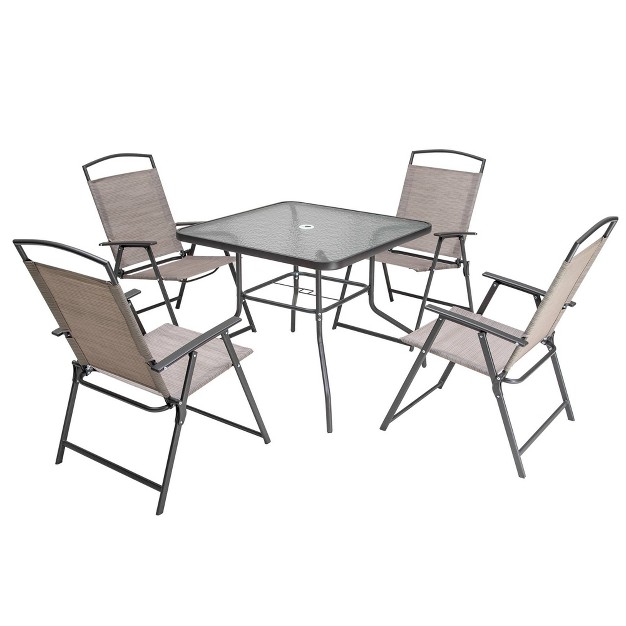 5pc Outdoor Steel Dining Set With Folding Chairs amp Square Glass Table Top Beige Crestlive Products