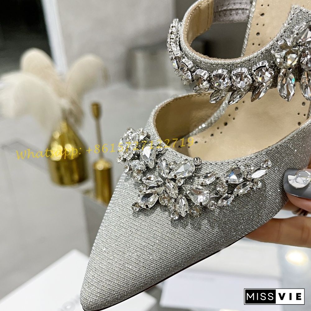 Pointy Toe Crystal Mules Slippers Women Luxury Summer Blue Party High Heels Slippers Sexy Outfit New Arrival Ankle Wrap Shoes