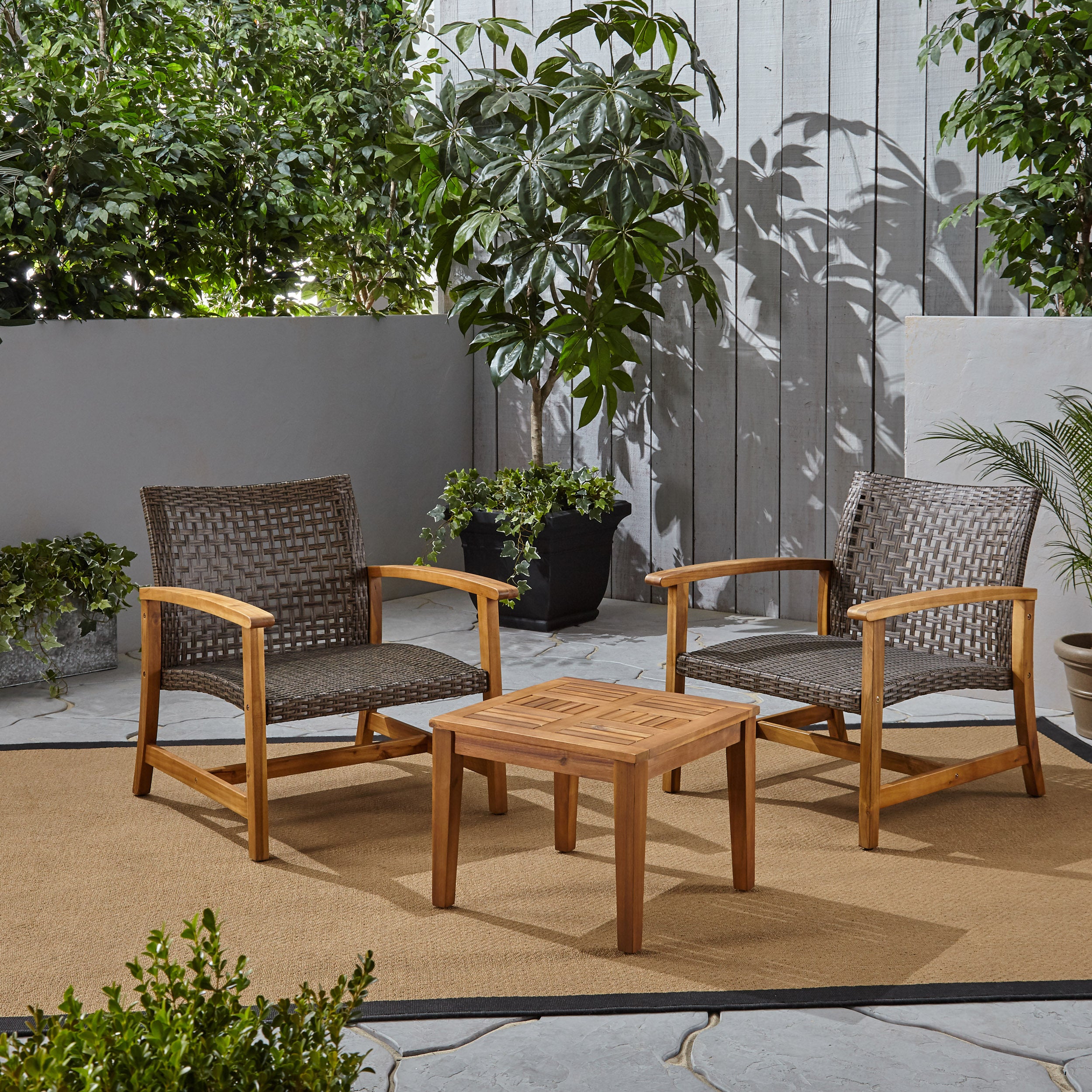 Alyssa Outdoor 3 Piece Wood and Wicker Club Chairs and Side Table Set