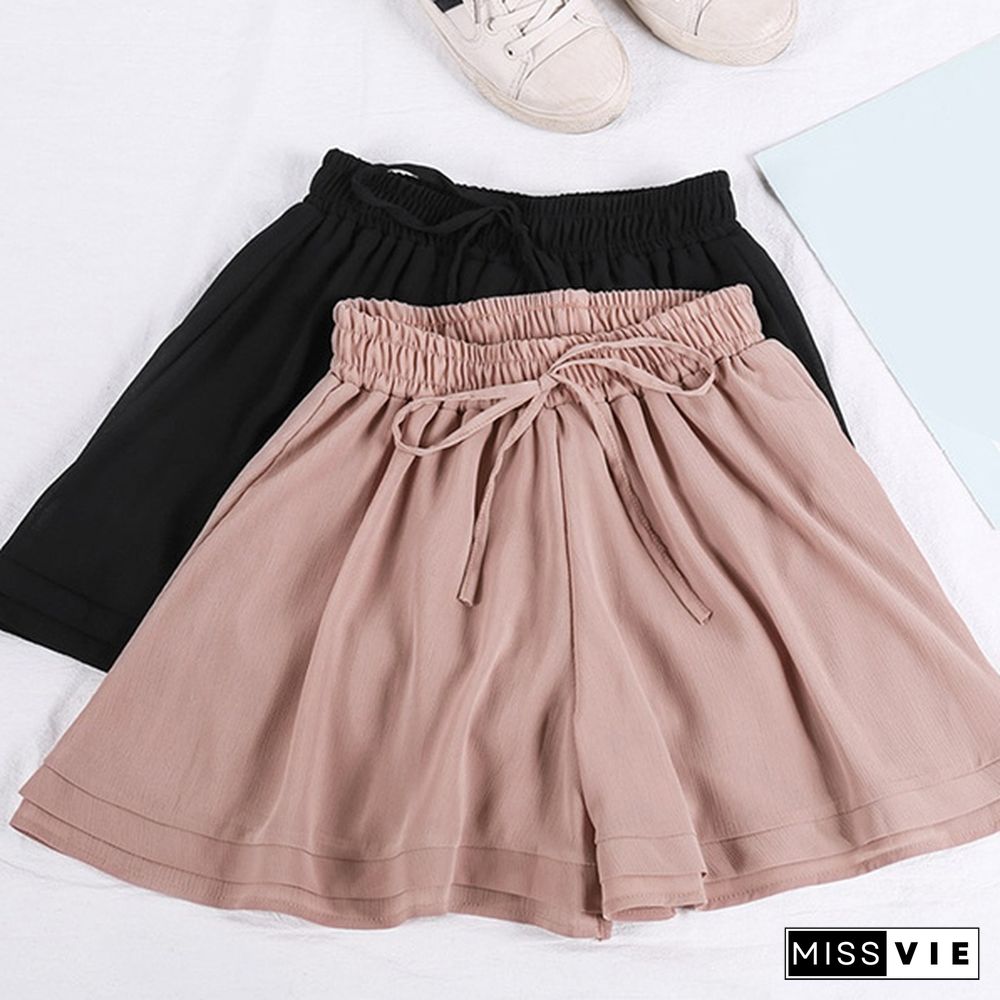 Plus Size New Women's Summer Chiffon Korean Shorts Double-Layer Ladies With High Waist Wide Leg Casual Shorts Loose Short Skirt