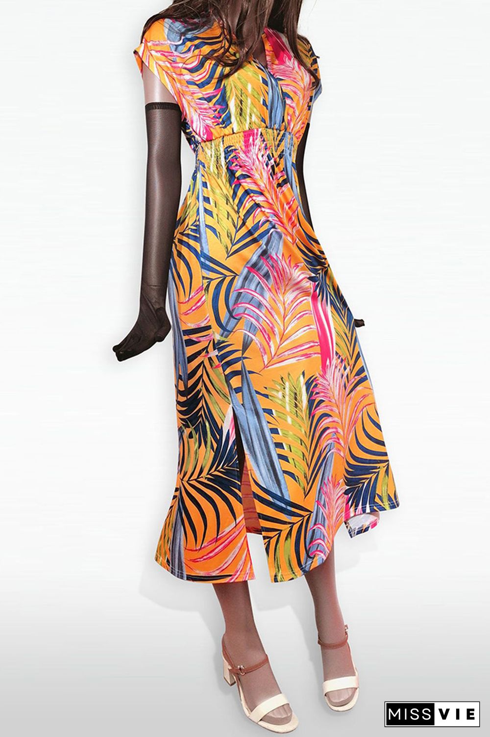 Printed V Neck Smocked Waist Maxi Dress