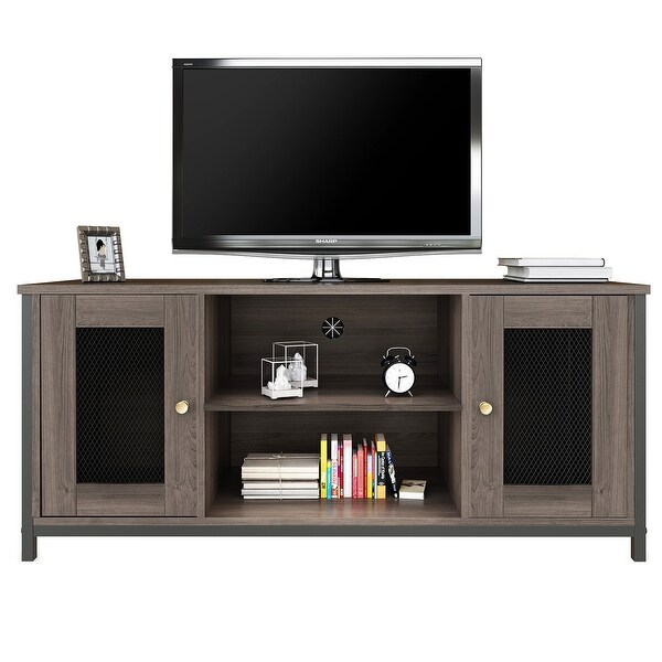 Natural Wood Grain Industrial TV Stand with ShelfandCabinet up to 45 in