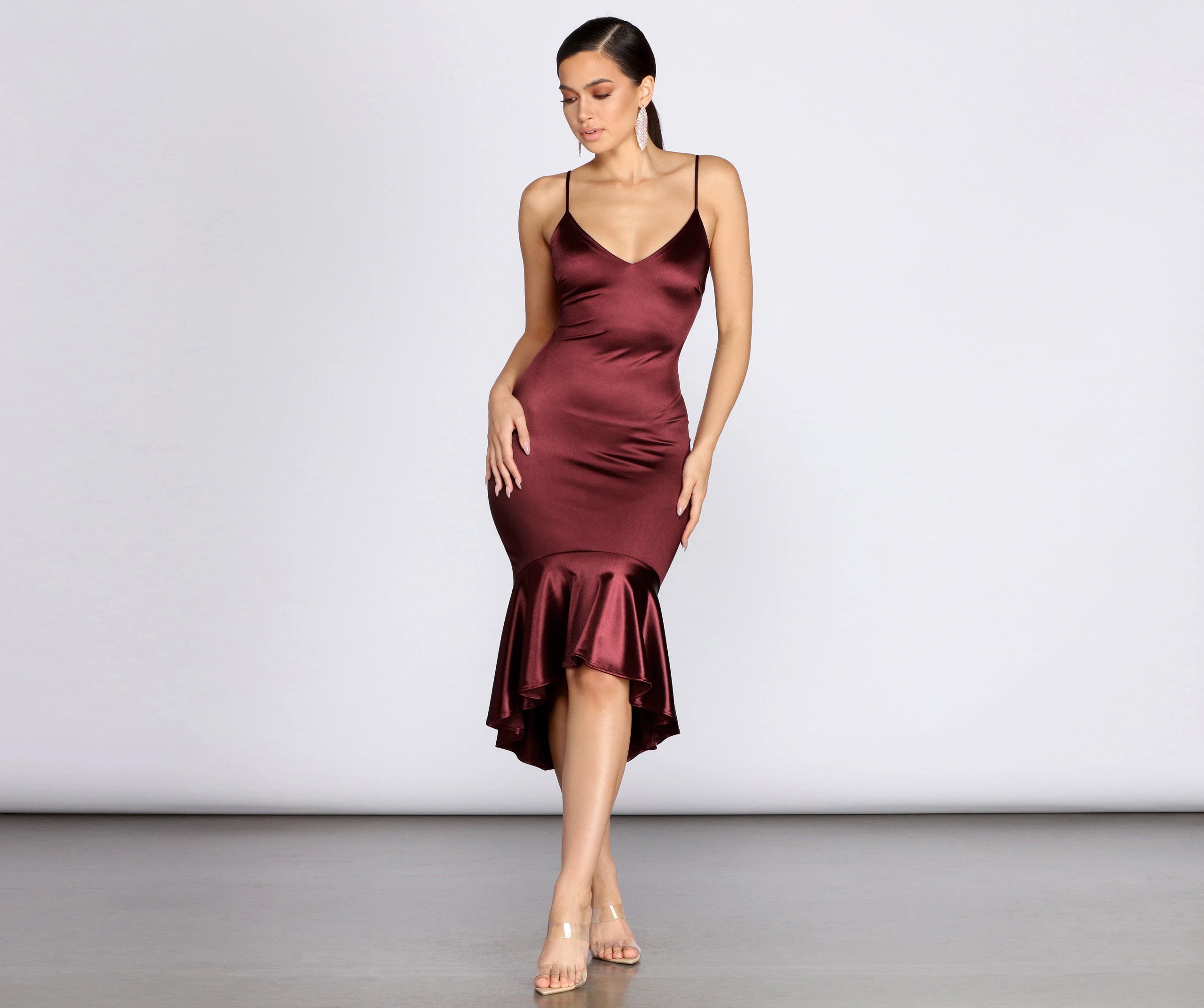 Trumpet Hem Satin Midi Dress