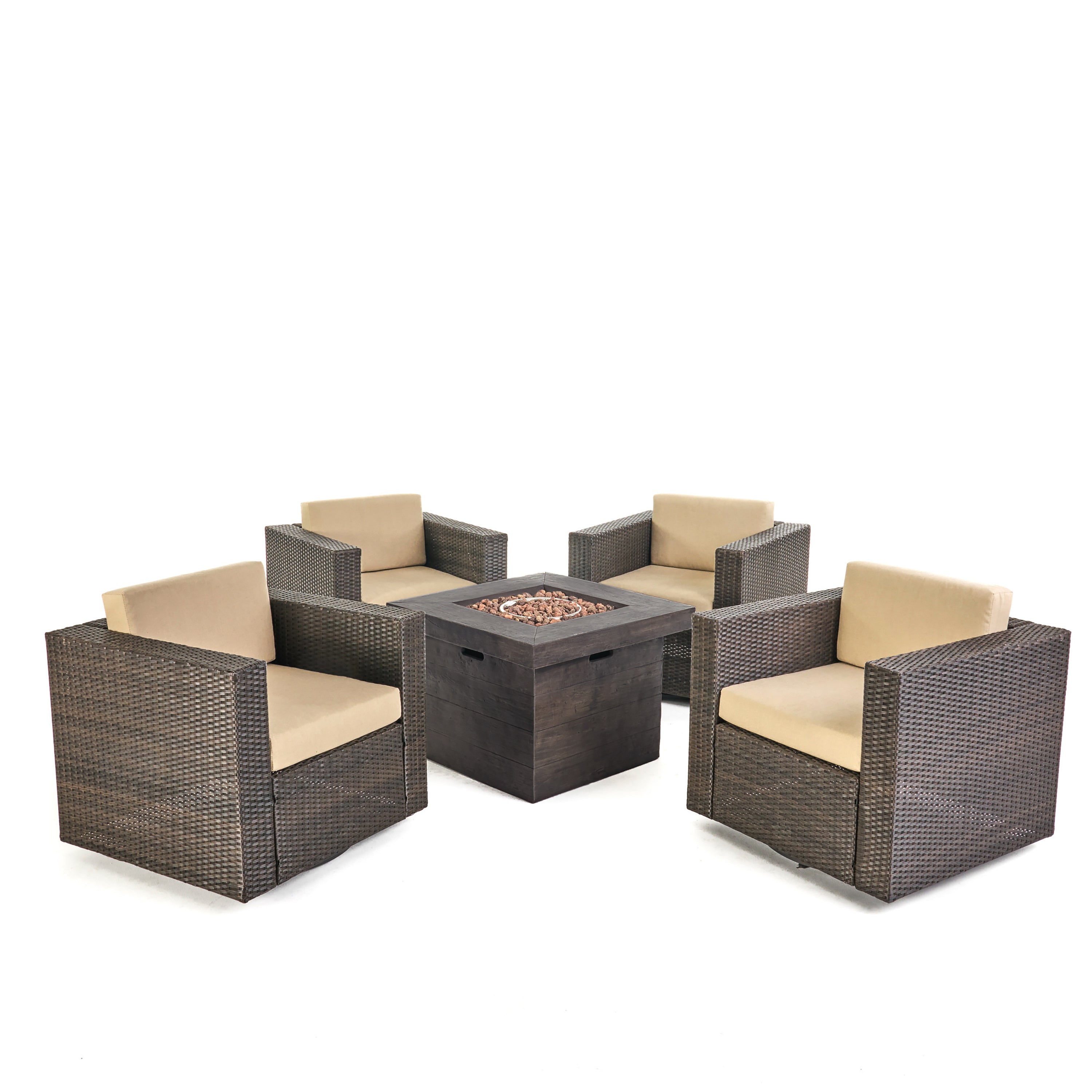 Venice Outdoor 5 Piece Chat Set with Dark Brown Chairs with Fire Pit