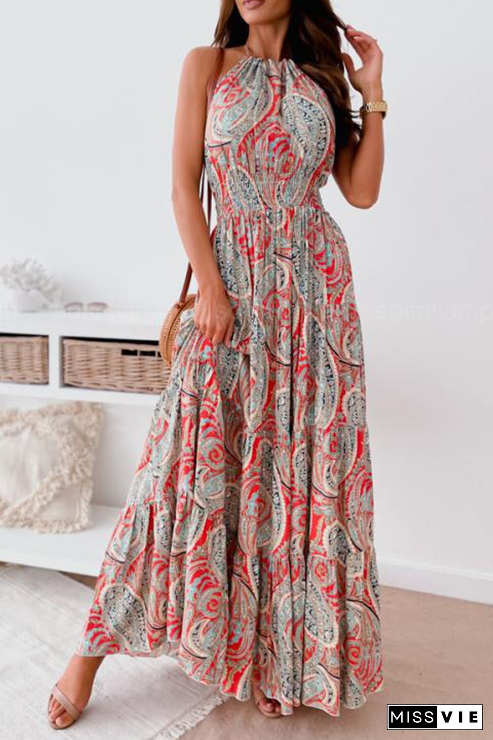 Fashion Print Split Joint Halter Waist Skirt Dresses