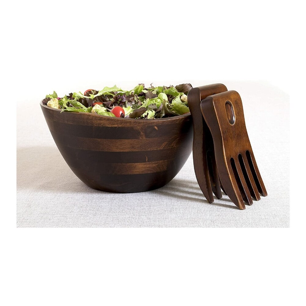 Lipper International Large Walnut Wavy Rim Bowl w/ Salad Hands Bundle