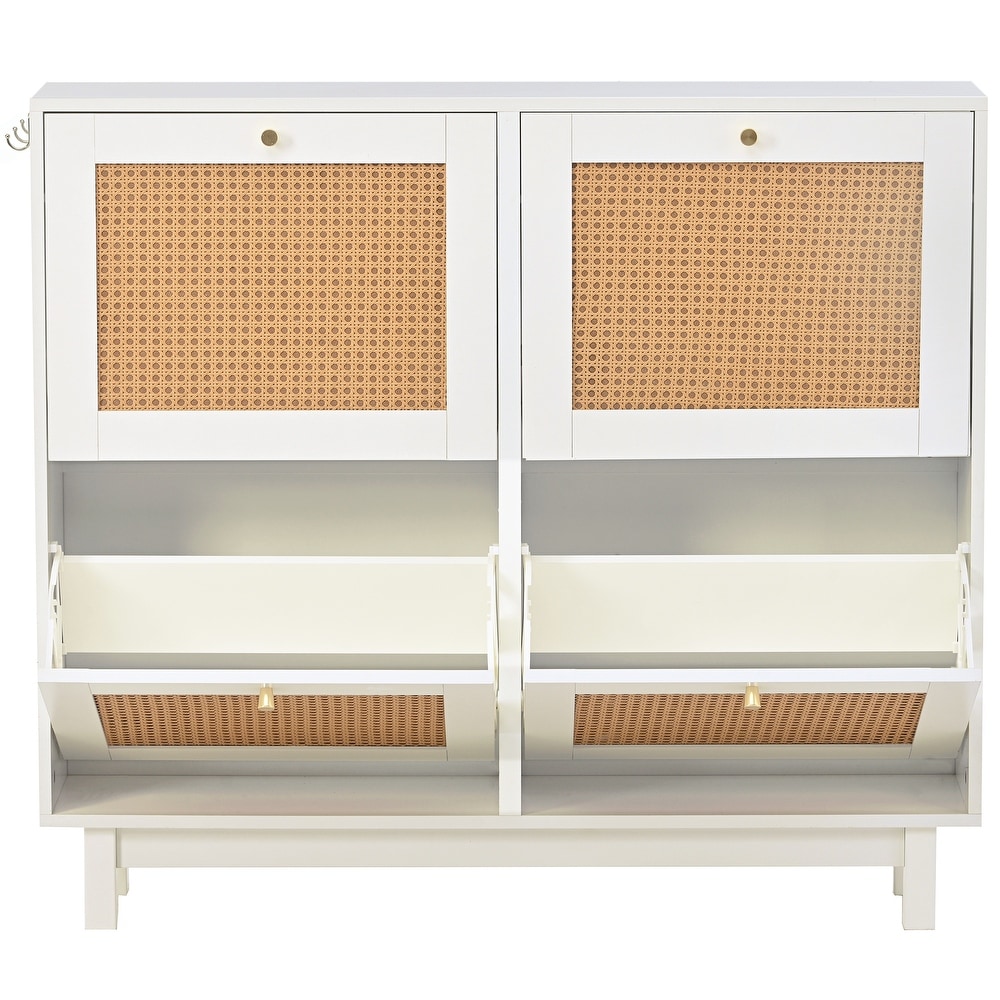 Rattan Shoe Cabinet with 4 Flip Drawers  2 Tier Shoe Storage Organizer  Free Standing Shoe Rack