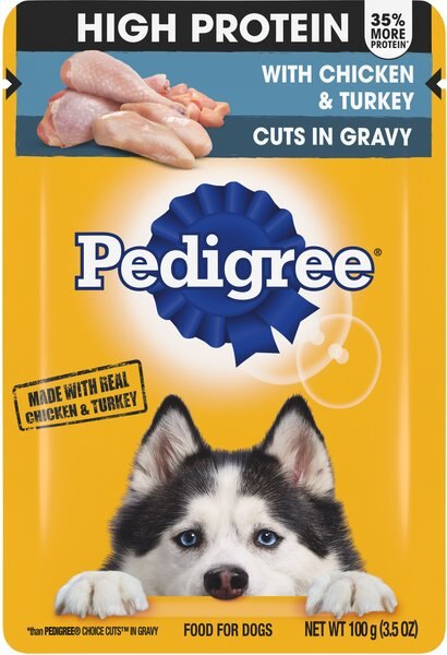 Pedigree High Protein Chicken and Turkey Cuts in Gravy Dog Wet Food， 3.5-oz pouches， 16 count