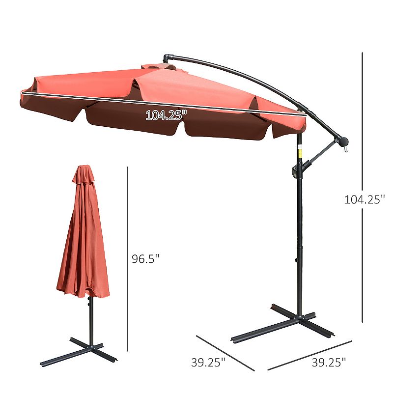 Outsunny 9' Offset Hanging Patio Umbrella， Cantilever Umbrella with Easy Tilt Adjustment， Cross Base and 8 Ribs for Backyard， Poolside， Lawn and Garden， Brown