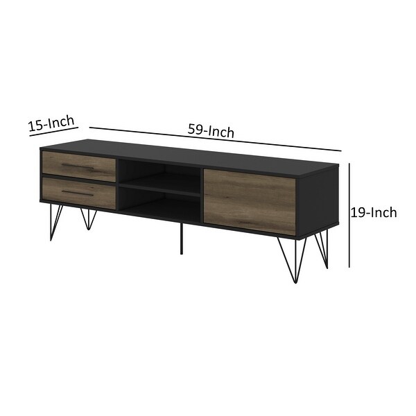 60 Inch Wood and Metal 1 Door TV Entertainment Stand with 2 Drawers， Brown and Black