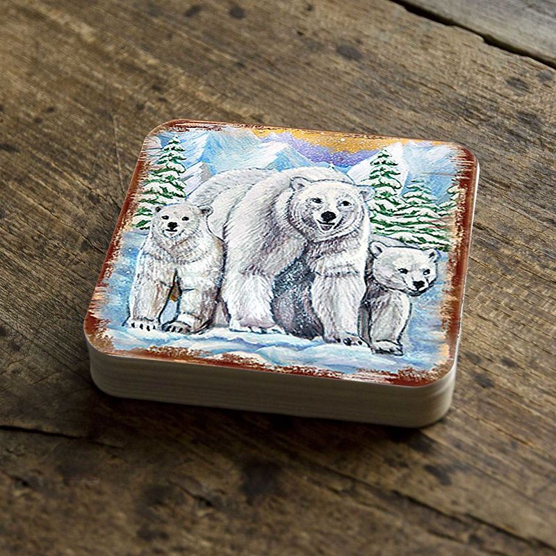 Polar Bear Family Wooden Cork Coasters Gift Set of 4 by Nature Wonders