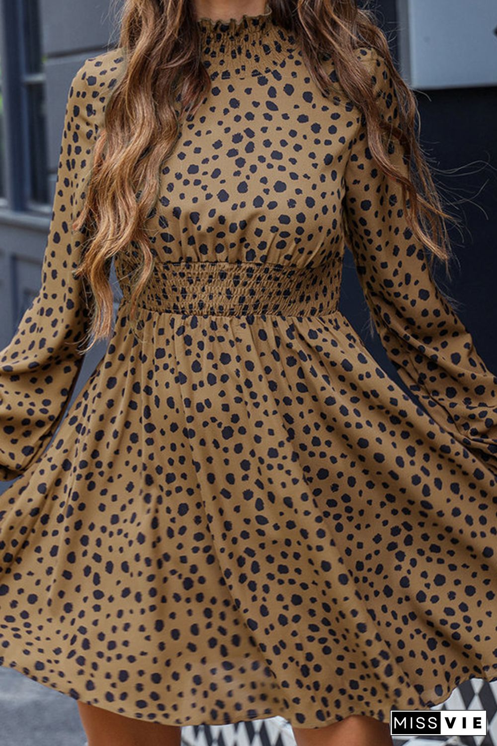 Smocked Neckline Leopard Print High Waist Flowy Dress