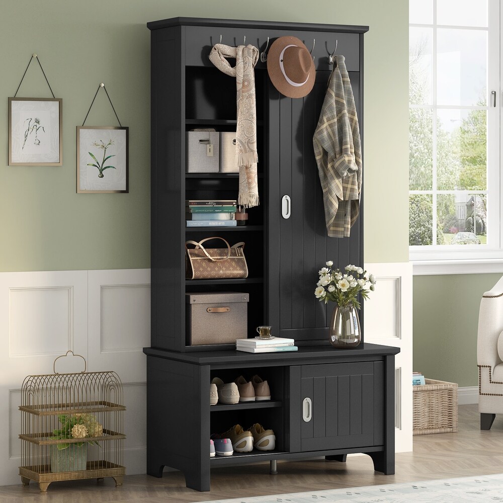 Hall Tree with Sliding Doors  Wood Hallway Shoe Cabinet with Storage Bench and Shelves  Mudroom Coat Storage with Hanging Hooks