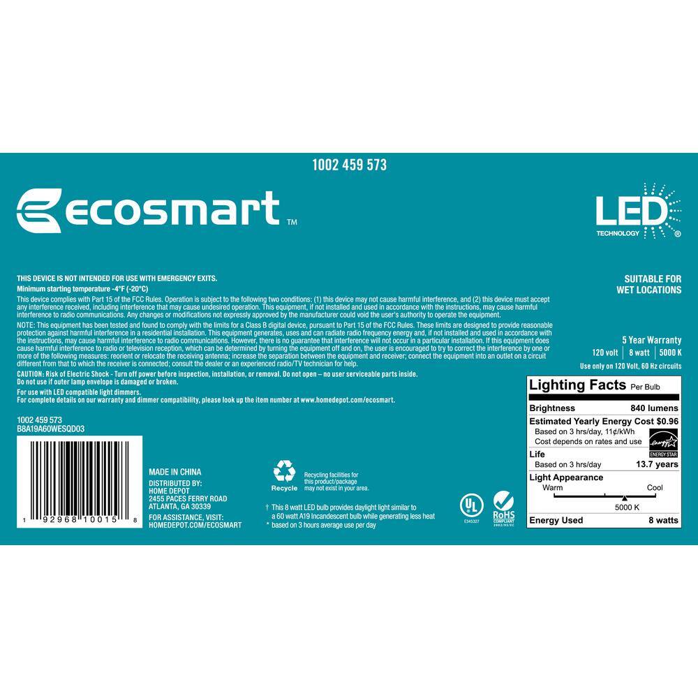 EcoSmart 60-Watt Equivalent A19 Dimmable ENERGY STAR Frosted Filament LED Light Bulb Daylight (4-Pack) B8A19A60WESQD03