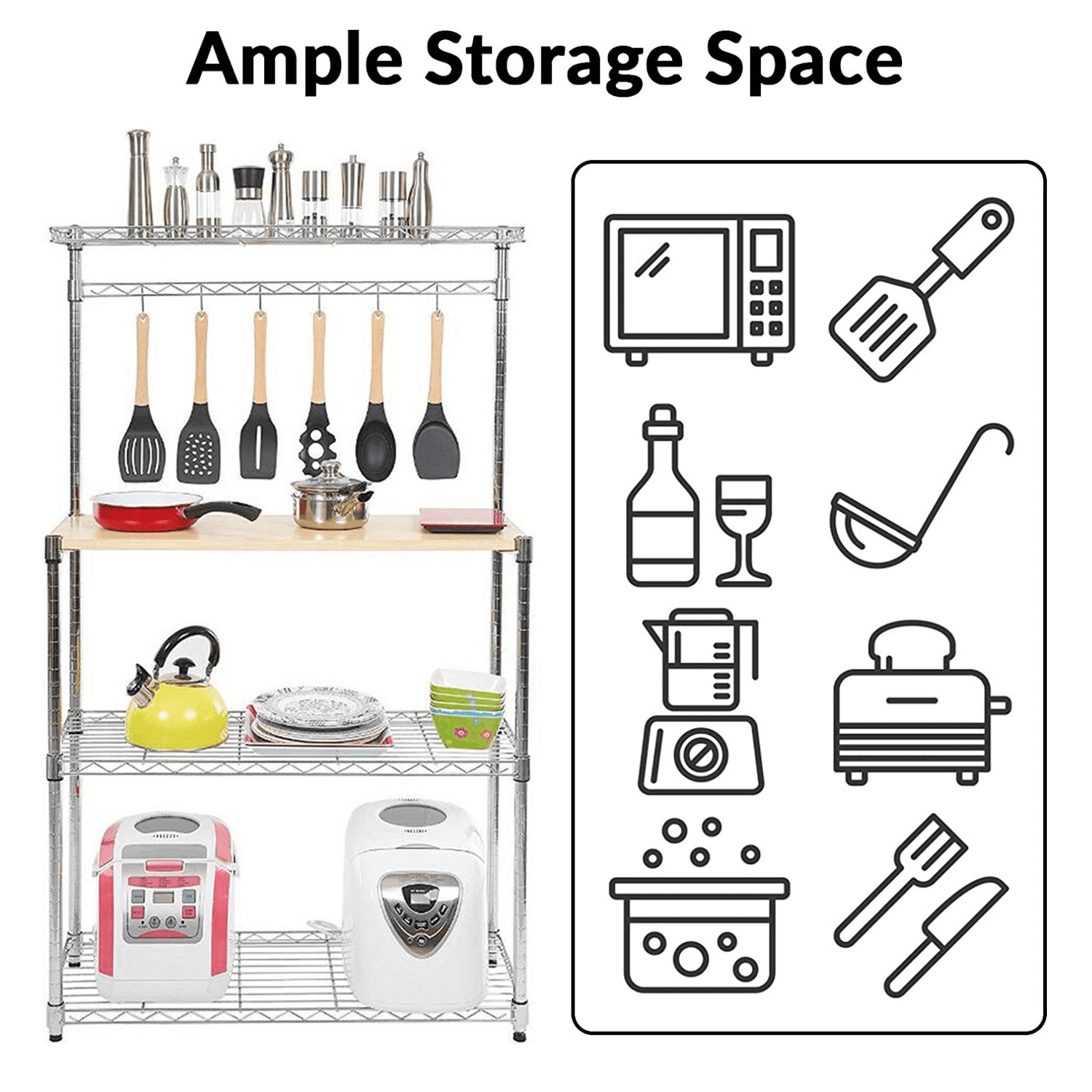 Nisorpa Baker's Rack for Kitchens， Microwave Stand Storage Rack， Kitchen Storage Organizer Shelf Workstation with 6 Hooks