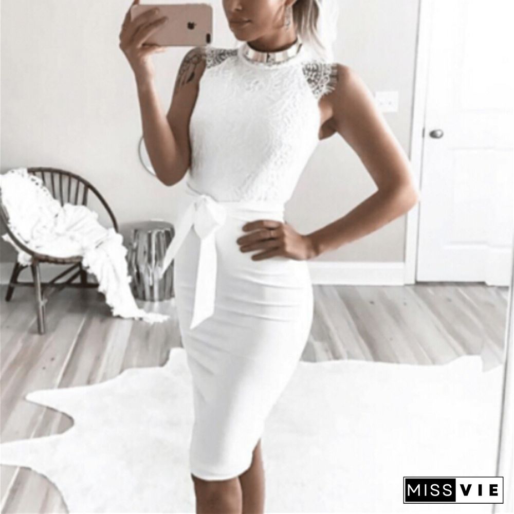 Fashion Women Dress White Ladies Lace Dresses Wedding Floral Lace Bodycon Pencil Mini Dress With Belt Womens Sleeveless Dresses