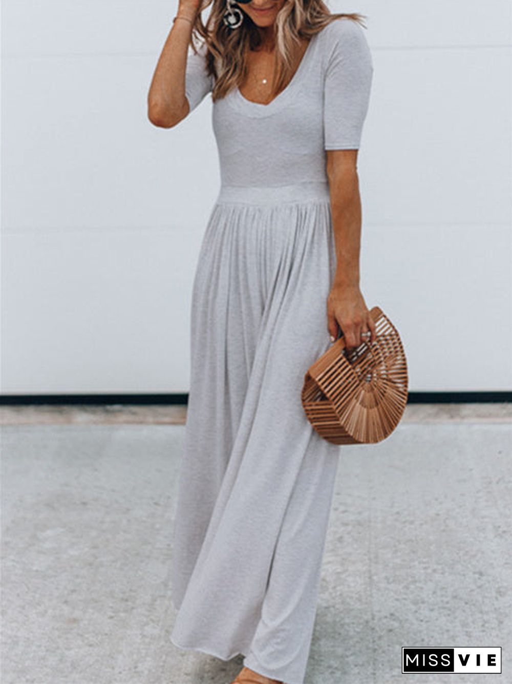 Women's Solid Color Short Sleeve Wide Leg Loose Jumpsuit